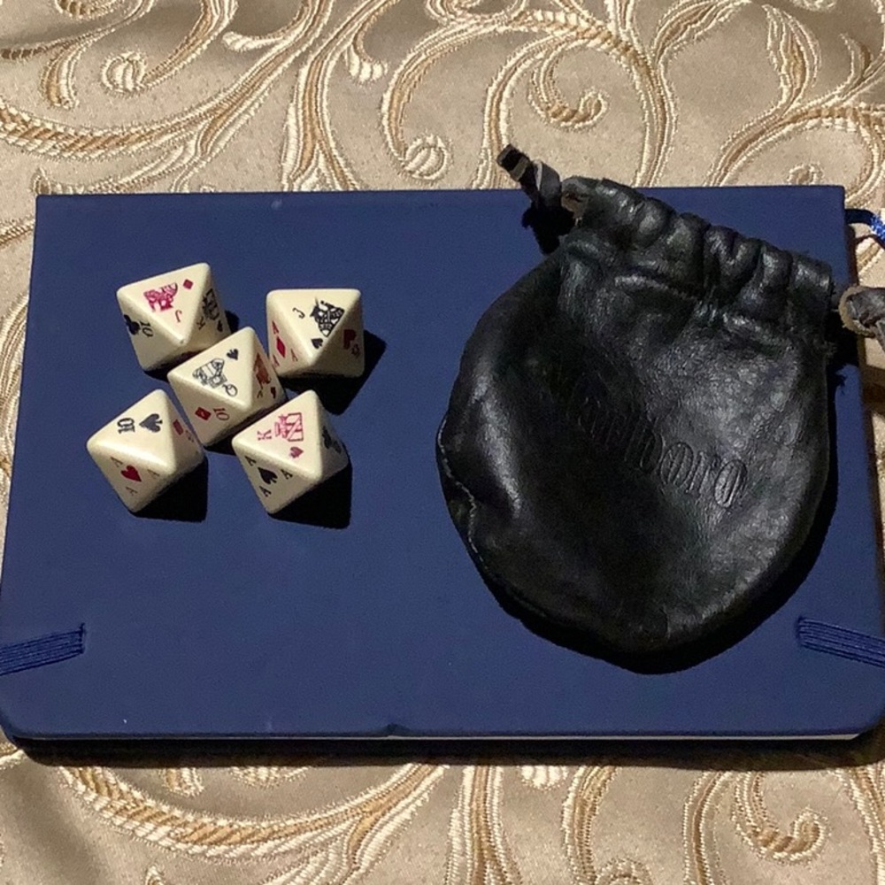 Vintage Marlboro leather pouch with 5, eight sided, poker dice